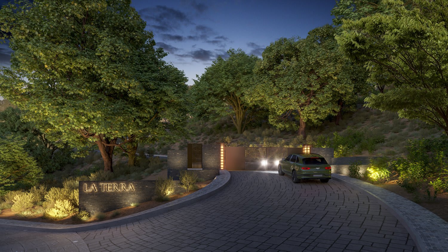 Tree-lined entry drive at La Terra at dusk, architectural rendering