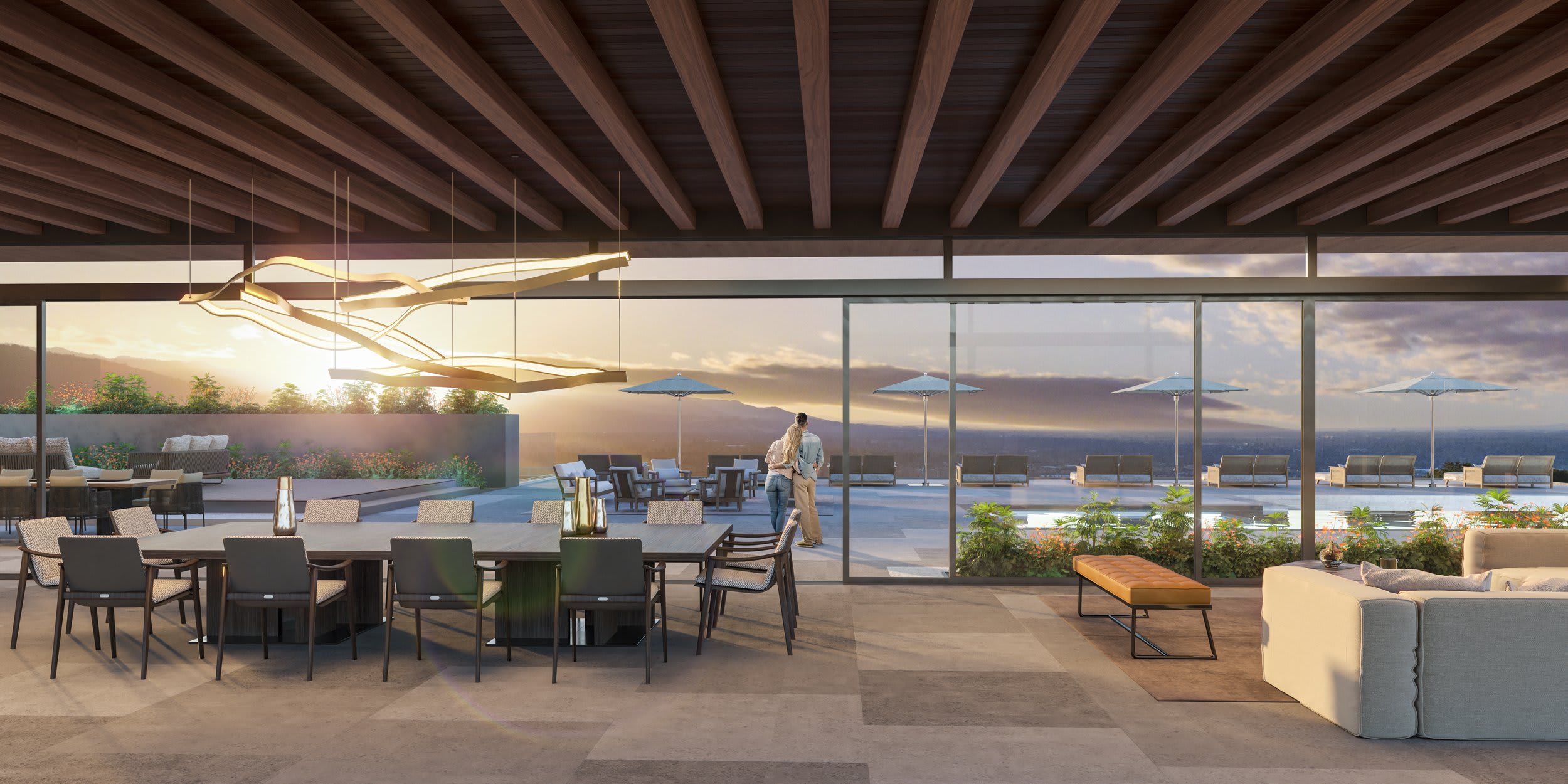 Covered outdoor dining pavilion with panoramic views at sunset, rendering