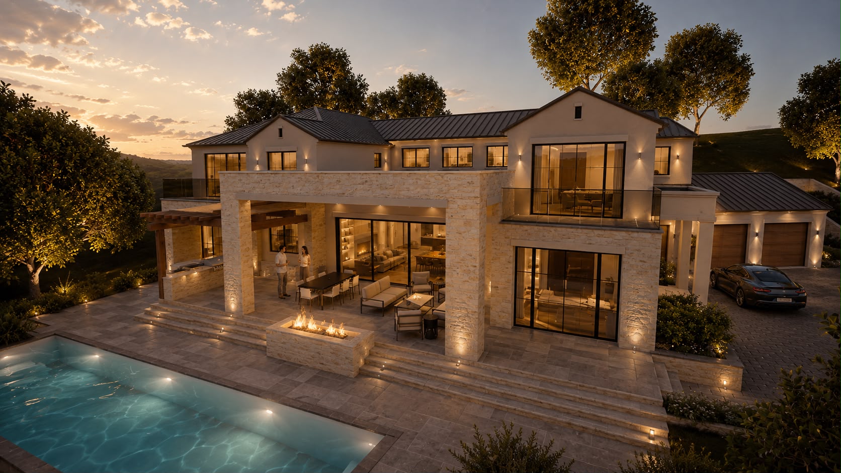 Aerial view of estate with pool terrace at dusk, rendering