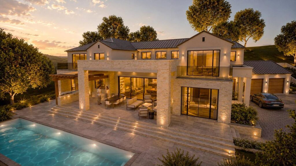 Rendering of 15460 Santella Drive: covered loggia and pool terrace at sunset