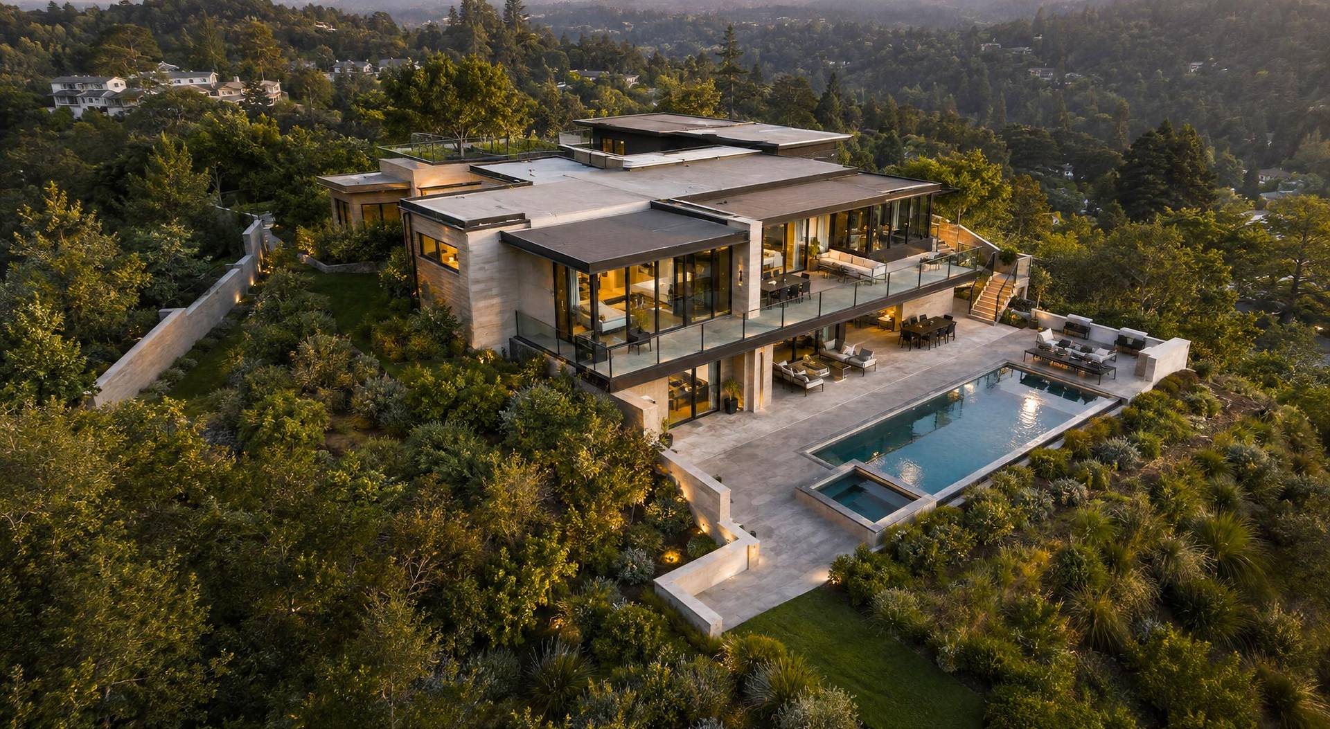 Rendering of 15470 Santella Drive, Los Gatos: aerial view of the estate and pool overlooking wooded hills