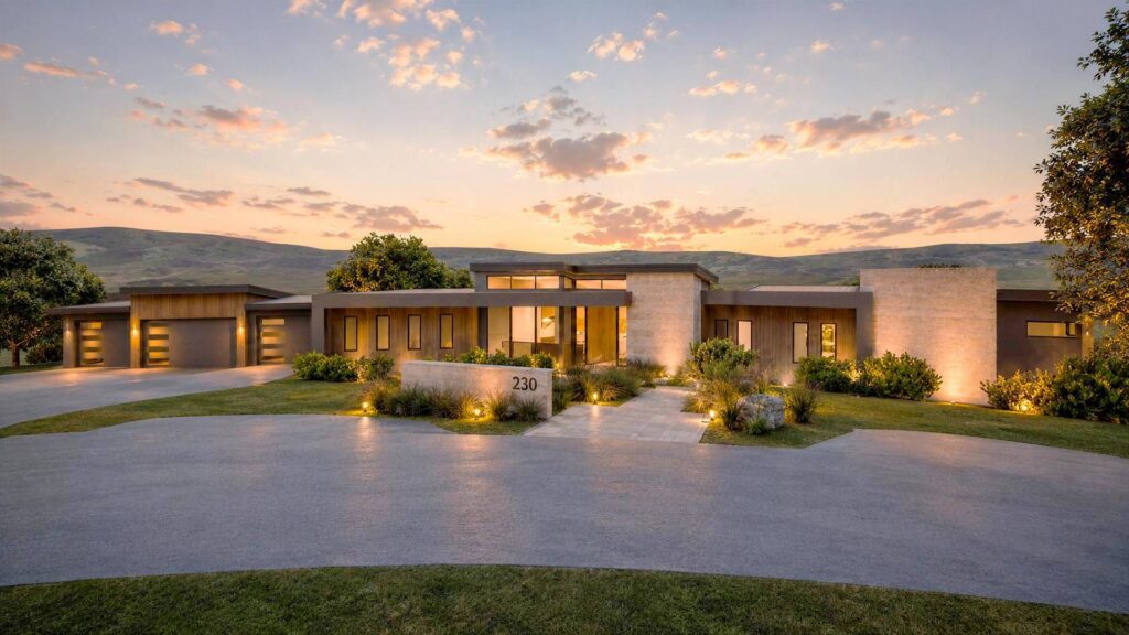 Rendering of 230 La Terra Court: circular drive and single-story front facade with hillside views