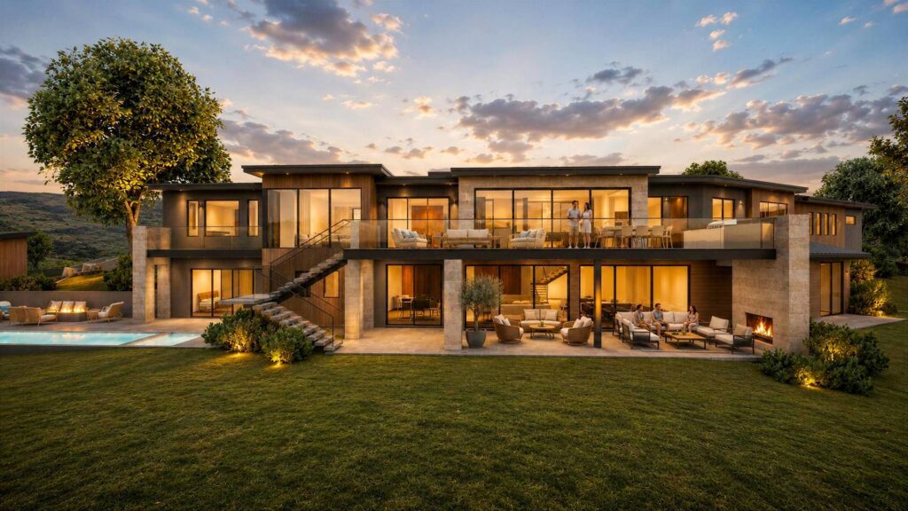 Rendering of 230 La Terra Court: two-level rear terraces, outdoor fireplace, and lawn at dusk