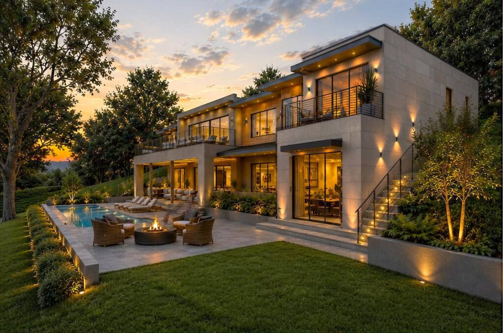 Rendering of 250 La Terra Court: fire pit lounge, pool, and two-story stone facade at sunset